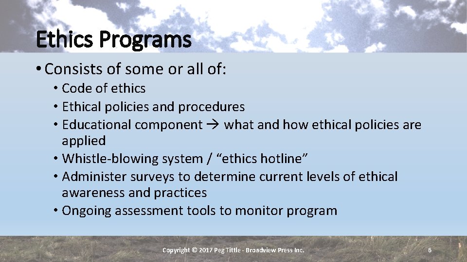 Ethics Programs • Consists of some or all of: • Code of ethics •