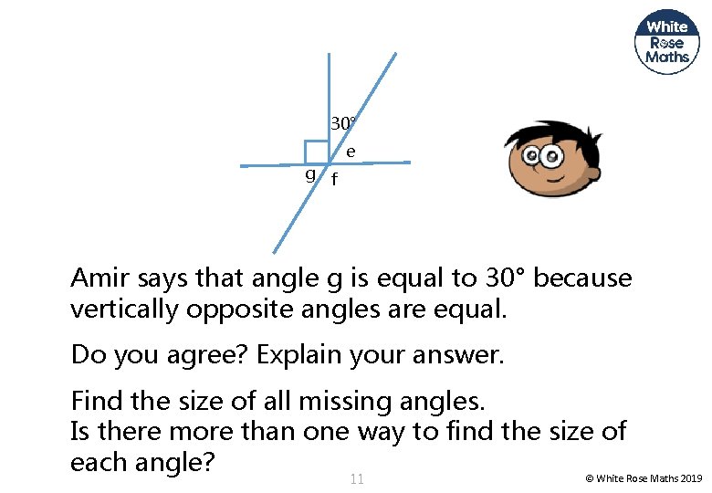 30° e g f Amir says that angle g is equal to 30° because