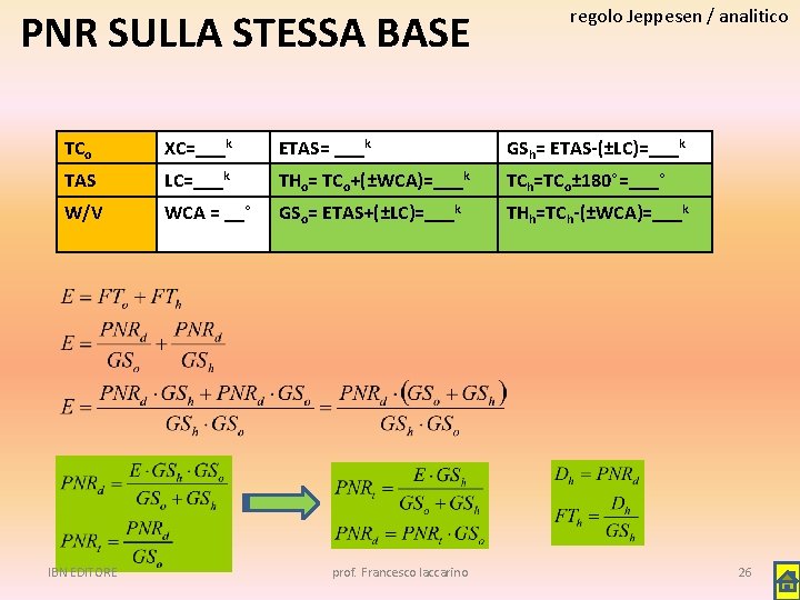 PNR SULLA STESSA BASE regolo Jeppesen / analitico TCo XC=___k ETAS= ___k GSh= ETAS-(±LC)=___k