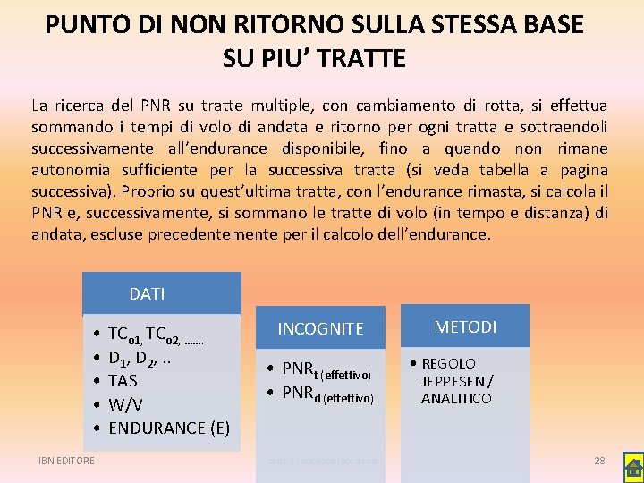 PUNTO DI NON RITORNO SULLA STESSA BASE SU PIU’ TRATTE La ricerca del PNR