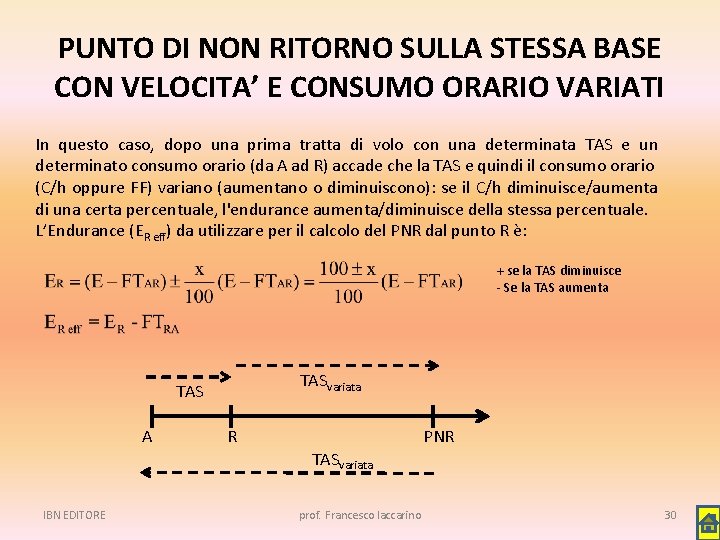 PUNTO DI NON RITORNO SULLA STESSA BASE CON VELOCITA’ E CONSUMO ORARIO VARIATI In