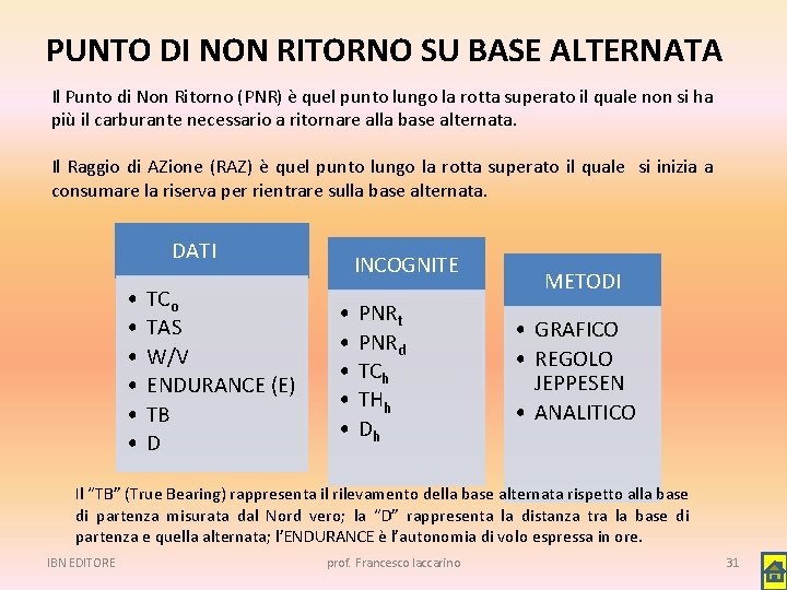 PUNTO DI NON RITORNO SU BASE ALTERNATA Il Punto di Non Ritorno (PNR) è