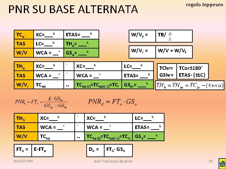 regolo Jeppesen PNR SU BASE ALTERNATA TCo XC=___k ETAS= ___k W/Vf = TB/ TAS