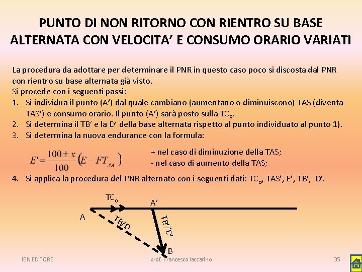 PUNTO DI NON RITORNO CON RIENTRO SU BASE ALTERNATA CON VELOCITA’ E CONSUMO ORARIO