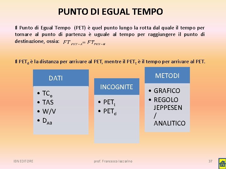 PUNTO DI EGUAL TEMPO Il Punto di Egual Tempo (PET) è quel punto lungo