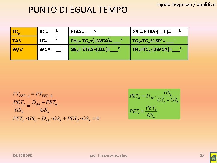 PUNTO DI EGUAL TEMPO regolo Jeppesen / analitico TCo XC=___k ETAS= ___k GSh= ETAS-(±LC)=___k