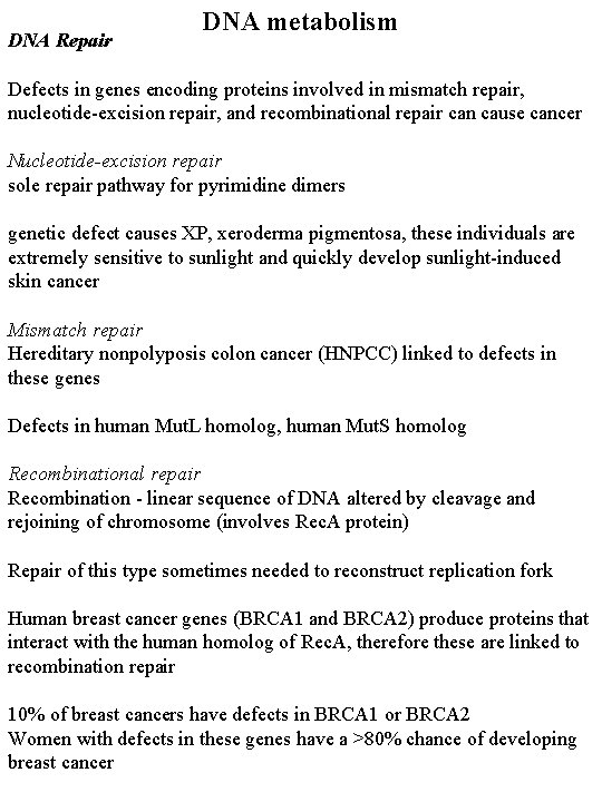 DNA Repair DNA metabolism Defects in genes encoding proteins involved in mismatch repair, nucleotide-excision
