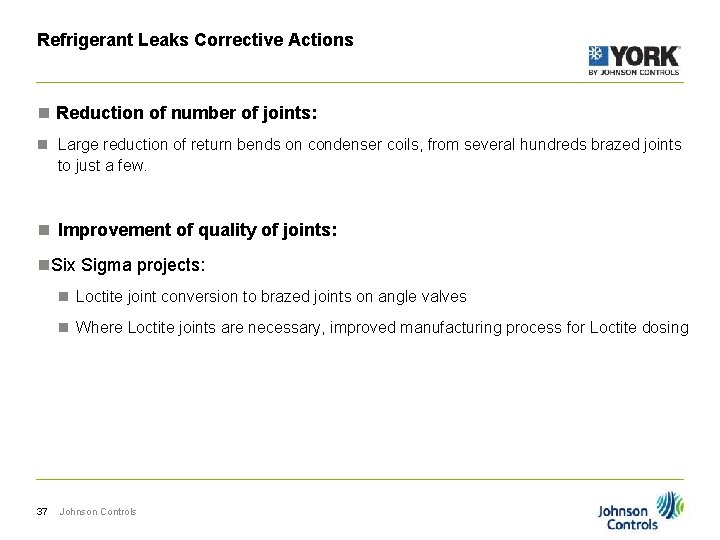 Refrigerant Leaks Corrective Actions n Reduction of number of joints: n Large reduction of