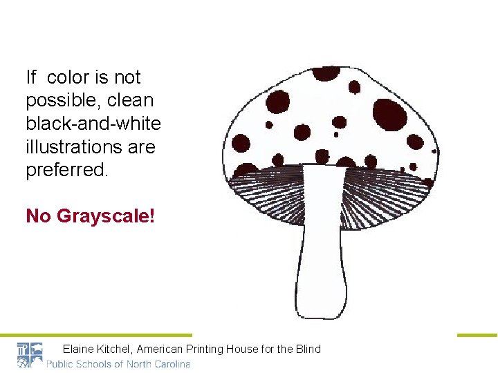 If color is not possible, clean black-and-white illustrations are preferred. No Grayscale! Elaine Kitchel,
