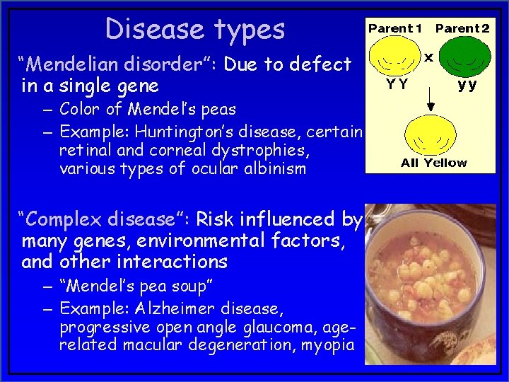 Disease types “Mendelian disorder”: Due to defect in a single gene – Color of