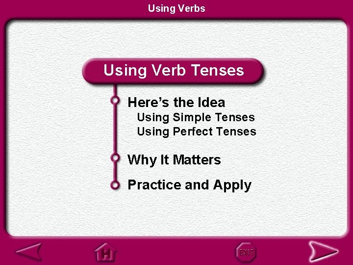 Using Verbs Using Verb Tenses Here’s the Idea Using Simple Tenses Using Perfect Tenses