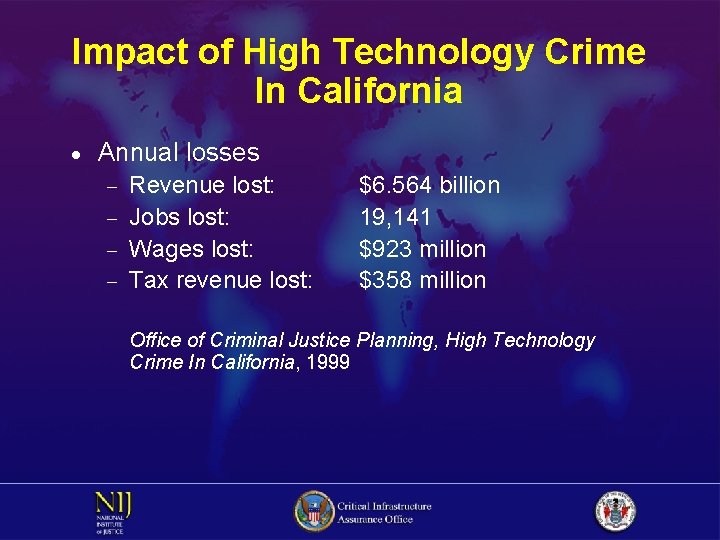 Impact of High Technology Crime In California · Annual losses Revenue lost: - Jobs