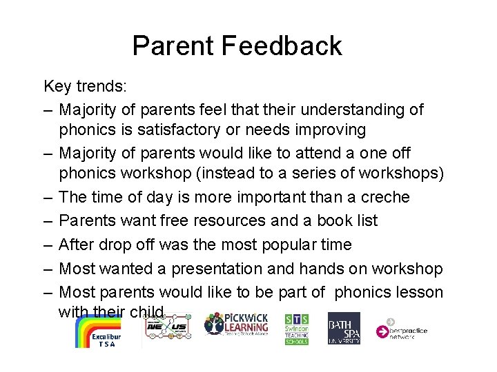 Parent Feedback Key trends: – Majority of parents feel that their understanding of phonics