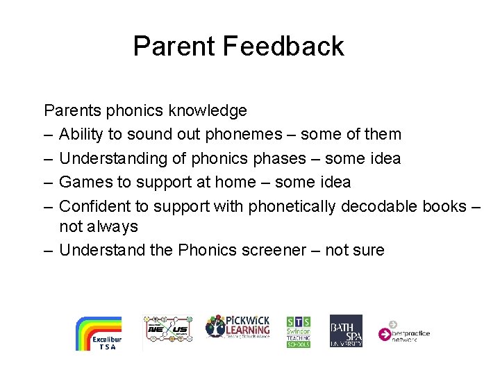 Parent Feedback Parents phonics knowledge – Ability to sound out phonemes – some of