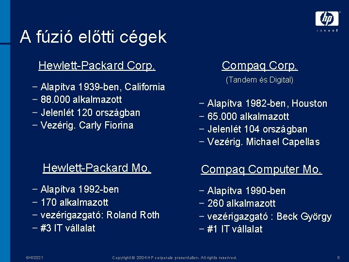 A fúzió előtti cégek Hewlett-Packard Corp. − Alapítva 1939 -ben, California − 88. 000