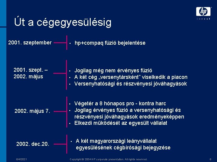 Út a cégegyesülésig 2001. szeptember • hp+compaq fúzió bejelentése 2001. szept. – 2002. május