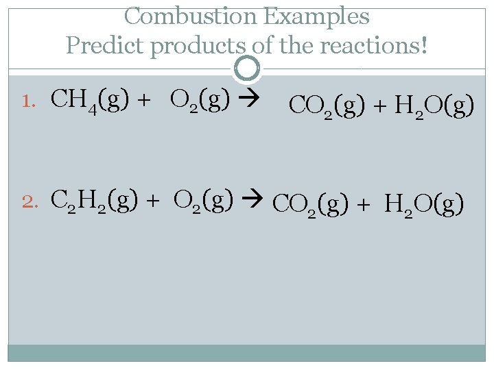 Combustion Examples Predict products of the reactions! 1. CH 4(g) + O 2(g) CO