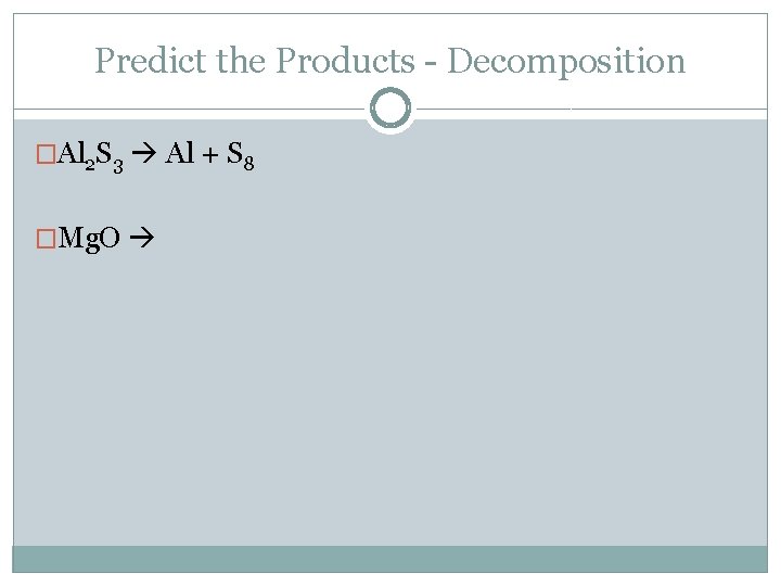 Predict the Products - Decomposition �Al 2 S 3 Al + S 8 �Mg.