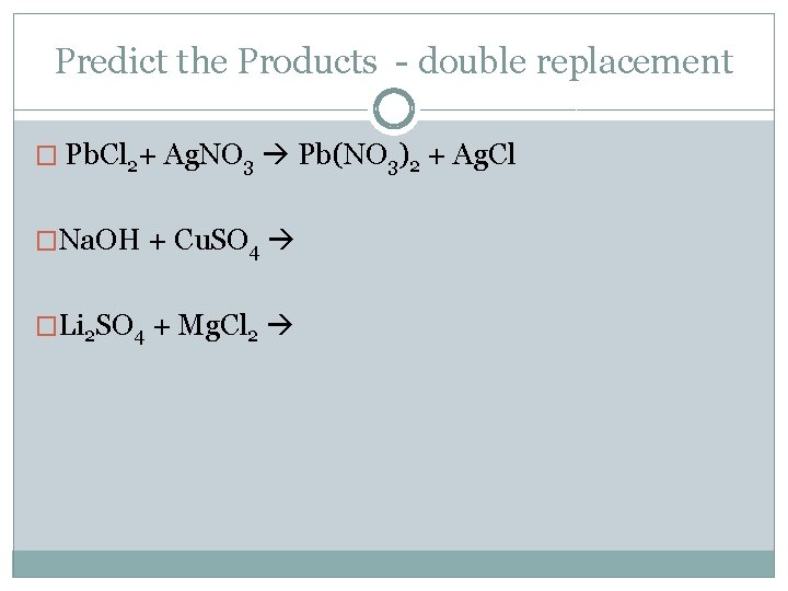 Predict the Products - double replacement � Pb. Cl 2+ Ag. NO 3 Pb(NO