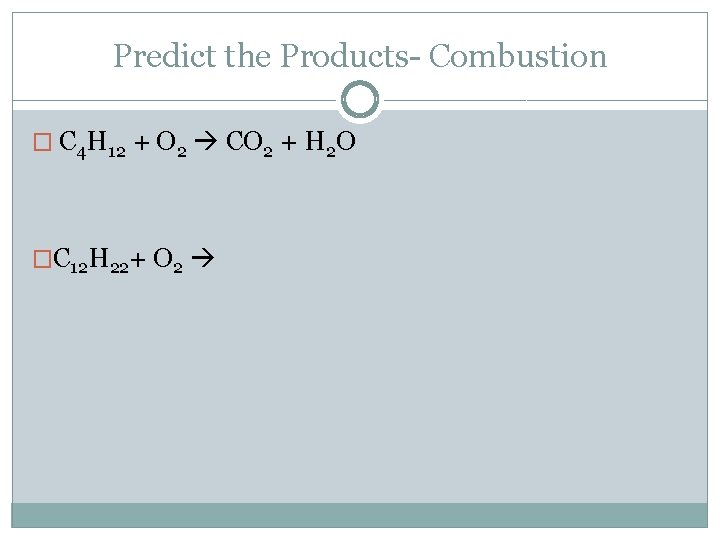 Predict the Products- Combustion � C 4 H 12 + O 2 CO 2