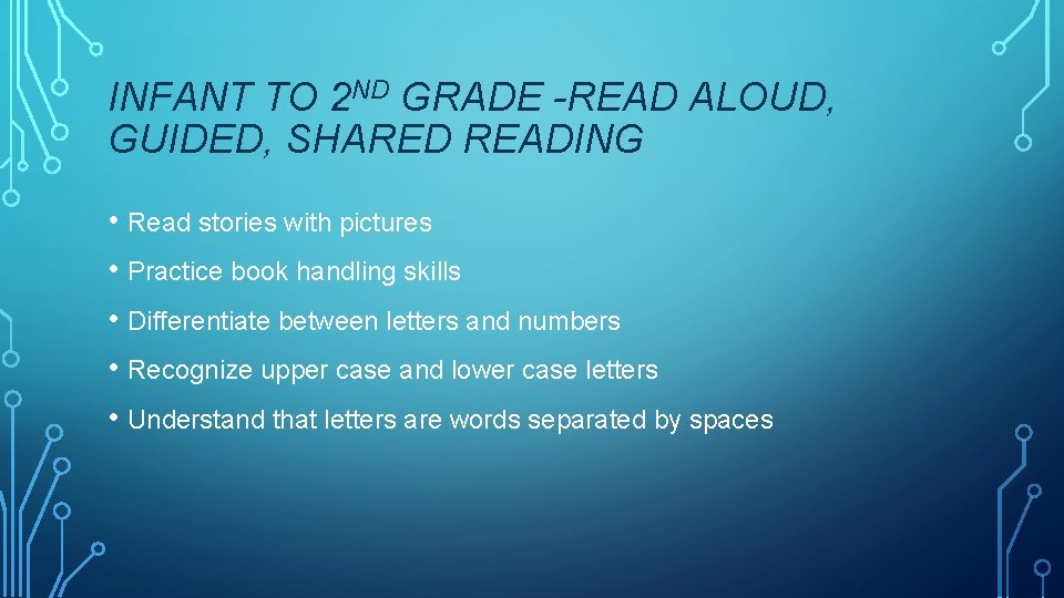 INFANT TO 2 ND GRADE -READ ALOUD, GUIDED, SHARED READING • Read stories with