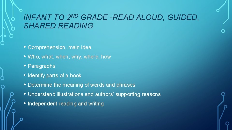 INFANT TO 2 ND GRADE -READ ALOUD, GUIDED, SHARED READING • Comprehension, main idea