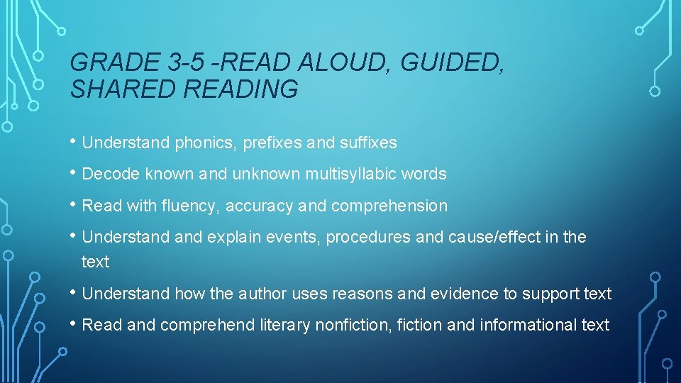 GRADE 3 -5 -READ ALOUD, GUIDED, SHARED READING • Understand phonics, prefixes and suffixes