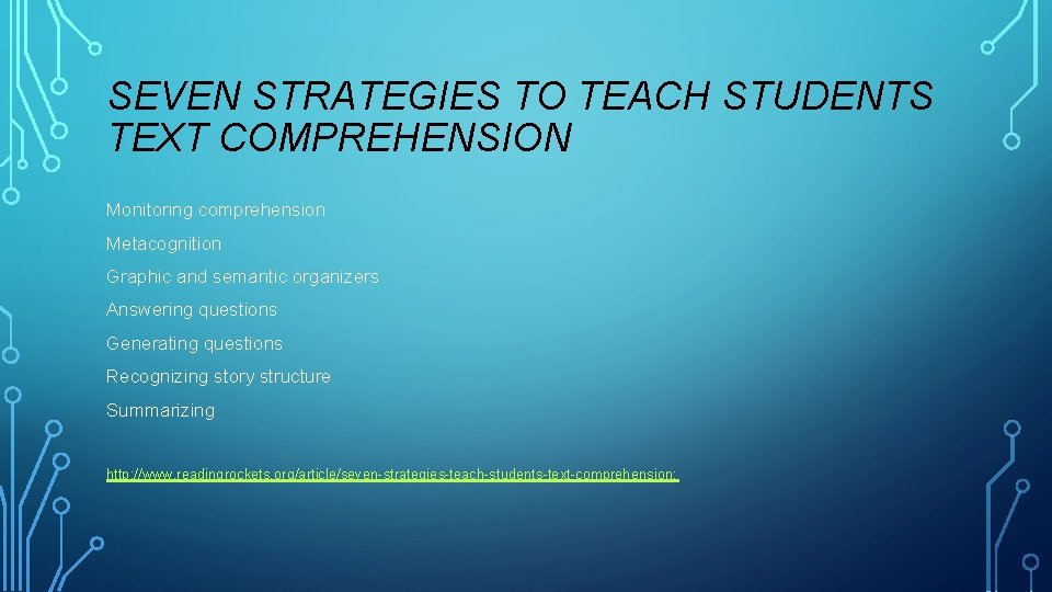 SEVEN STRATEGIES TO TEACH STUDENTS TEXT COMPREHENSION Monitoring comprehension Metacognition Graphic and semantic organizers