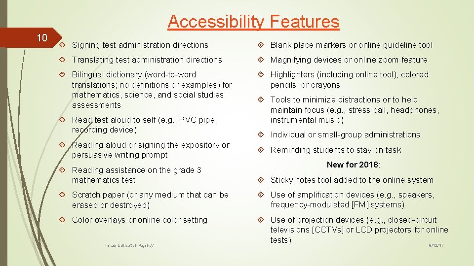 Accessibility Features 10 Signing test administration directions Blank place markers or online guideline tool