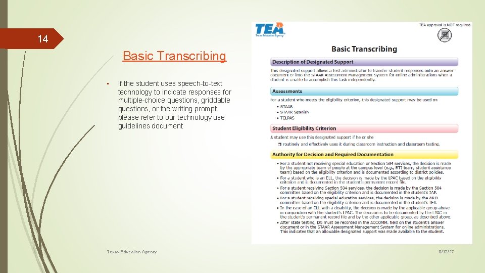 14 Basic Transcribing • If the student uses speech-to-text technology to indicate responses for