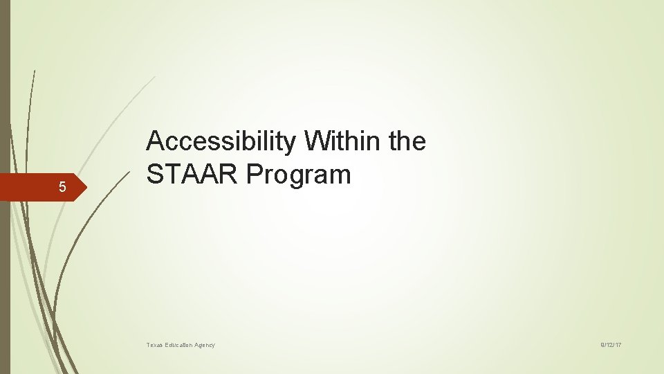 5 Accessibility Within the STAAR Program Texas Education Agency 9/12/17 