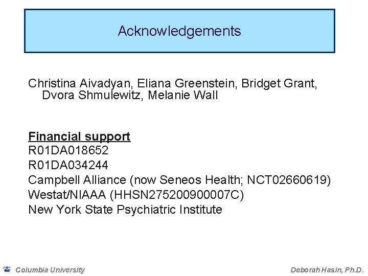 Acknowledgements Christina Aivadyan, Eliana Greenstein, Bridget Grant, Dvora Shmulewitz, Melanie Wall Financial support R