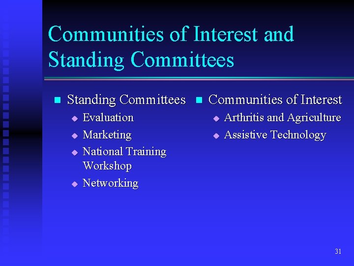 Communities of Interest and Standing Committees n Standing Committees u u Evaluation Marketing National