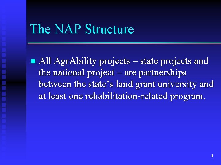 The NAP Structure n All Agr. Ability projects – state projects and the national