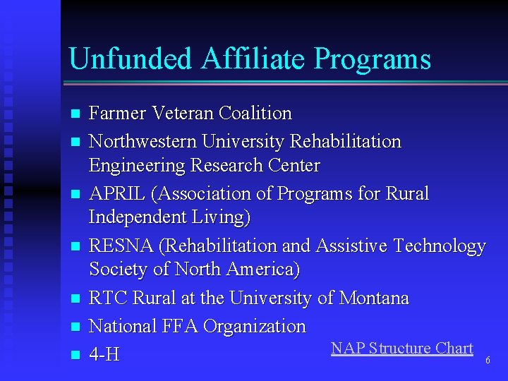 Unfunded Affiliate Programs n n n n Farmer Veteran Coalition Northwestern University Rehabilitation Engineering