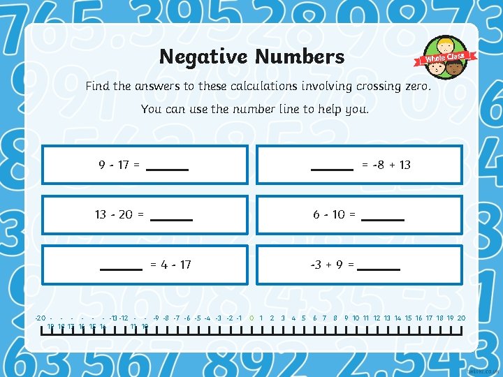 Negative Numbers Find the answers to these calculations involving crossing zero. You can use