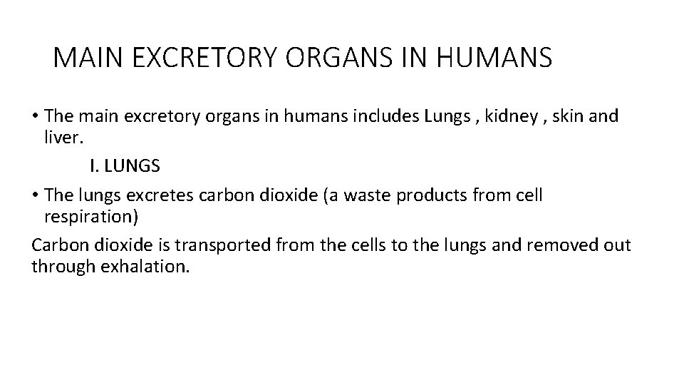 MAIN EXCRETORY ORGANS IN HUMANS • The main excretory organs in humans includes Lungs