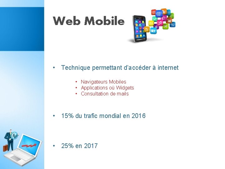 Web Mobile • Technique permettant d’accéder à internet • Navigateurs Mobiles • Applications où Web Mobile • Technique permettant d’accéder à internet • Navigateurs Mobiles • Applications où