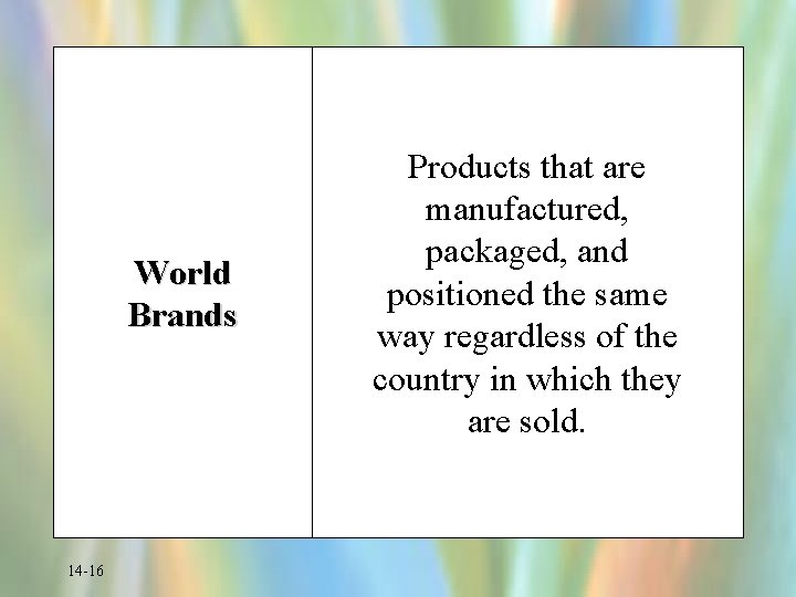 World Brands 14 -16 Products that are manufactured, packaged, and positioned the same way