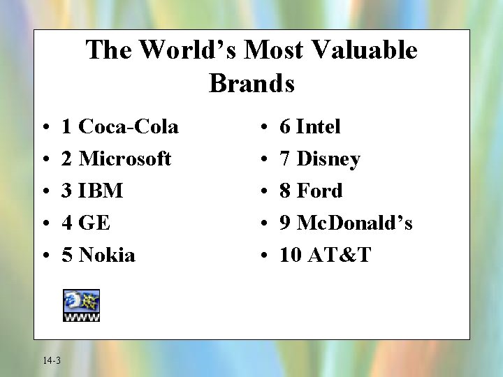 The World’s Most Valuable Brands • • • 14 -3 1 Coca-Cola 2 Microsoft