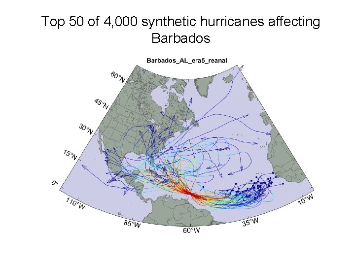 Top 50 of 4, 000 synthetic hurricanes affecting Barbados 