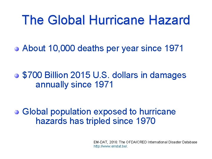 The Global Hurricane Hazard About 10, 000 deaths per year since 1971 $700 Billion