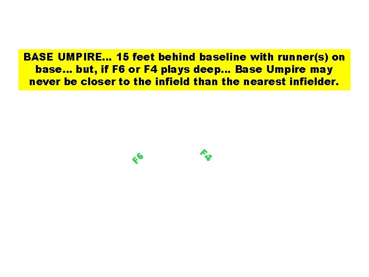 F 6 BASE UMPIRE… 15 feet behind baseline with runner(s) on base… but, if