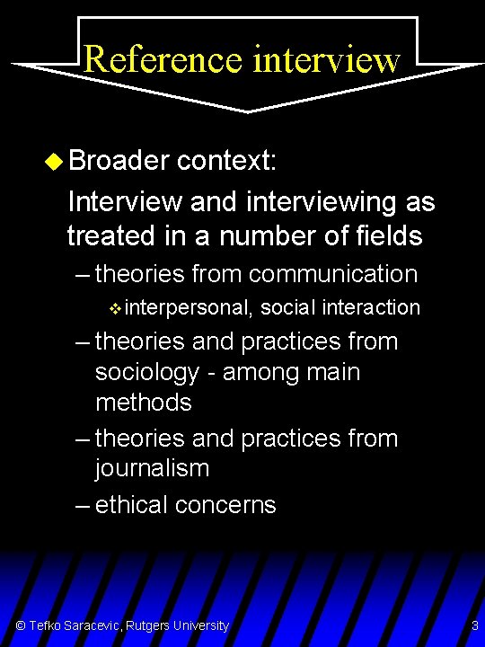 Reference interview u Broader context: Interview and interviewing as treated in a number of