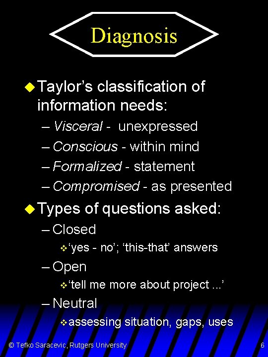 Diagnosis u Taylor’s classification of information needs: – Visceral - unexpressed – Conscious -