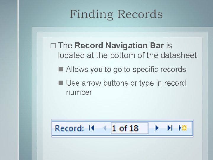  The Record Navigation Bar is located at the bottom of the datasheet Allows