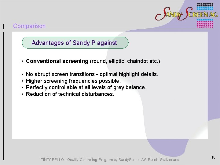 Comparison Advantages of Sandy P against • Conventional screening (round, elliptic, chaindot etc. )