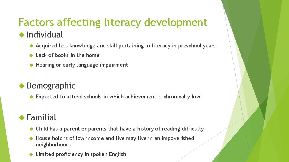 Factors affecting literacy development Individual Acquired less knowledge and skill pertaining to literacy in