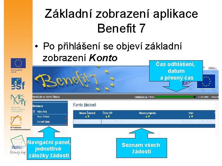 Základní zobrazení aplikace Benefit 7 • Po přihlášení se objeví základní zobrazení Konto Čas