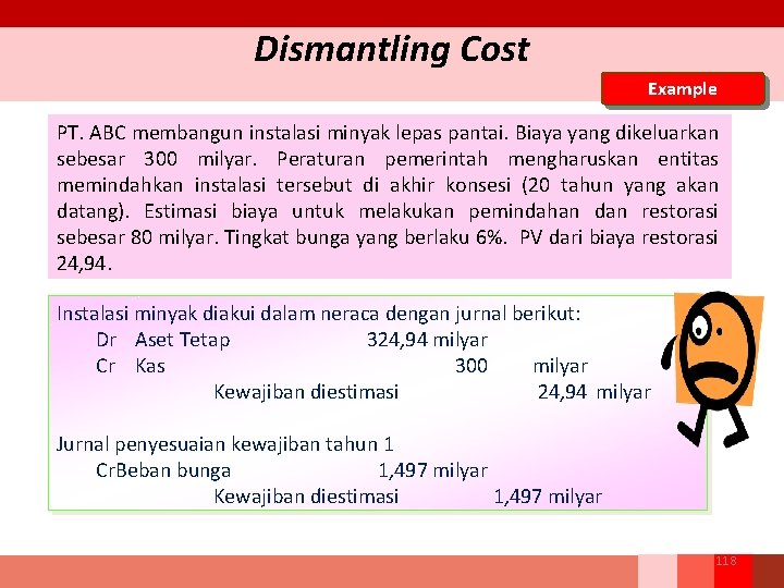 Dismantling Cost Example PT. ABC membangun instalasi minyak lepas pantai. Biaya yang dikeluarkan sebesar